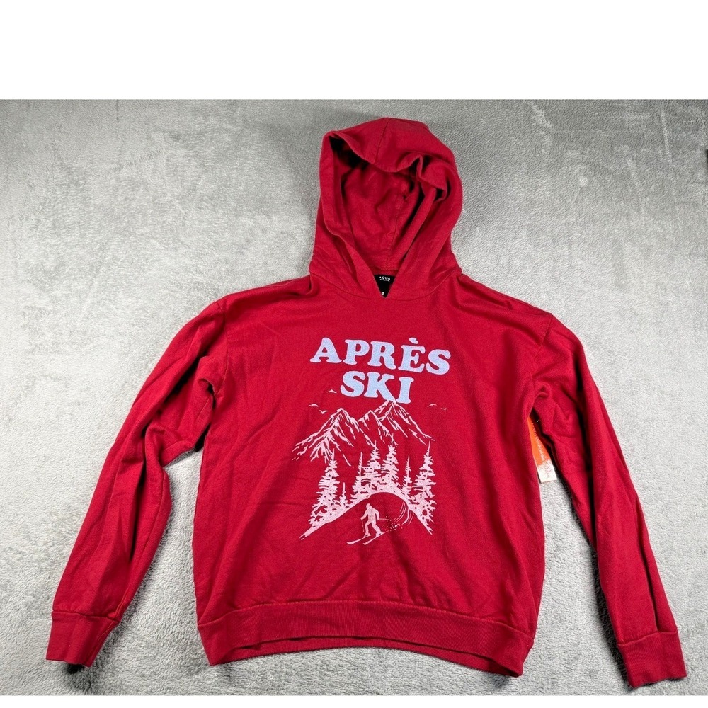 NWT AQUA Athletic Women's Cotton Fleece Lined Aprés Ski Graphic Hoodie Red Small